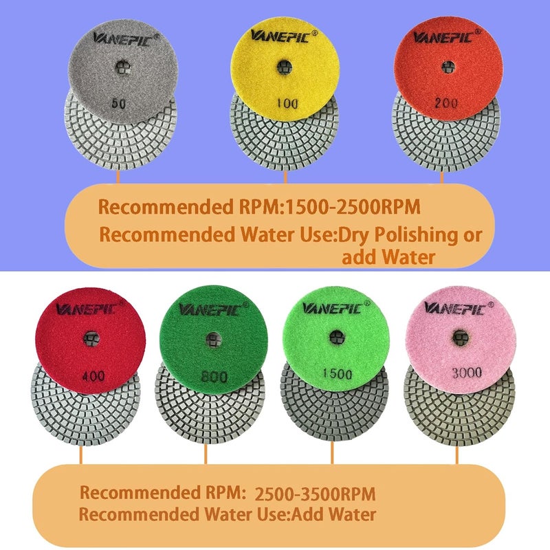VANEPIC 4 Inch Diamond Polishing Pads Marble polishing kit 50-3000 Wet/Dry Set 12 Pieces for Drill Grinder Polisher for Concrete Marble Quartz Stone Countertop Granite polishing refurbishment - Image 4